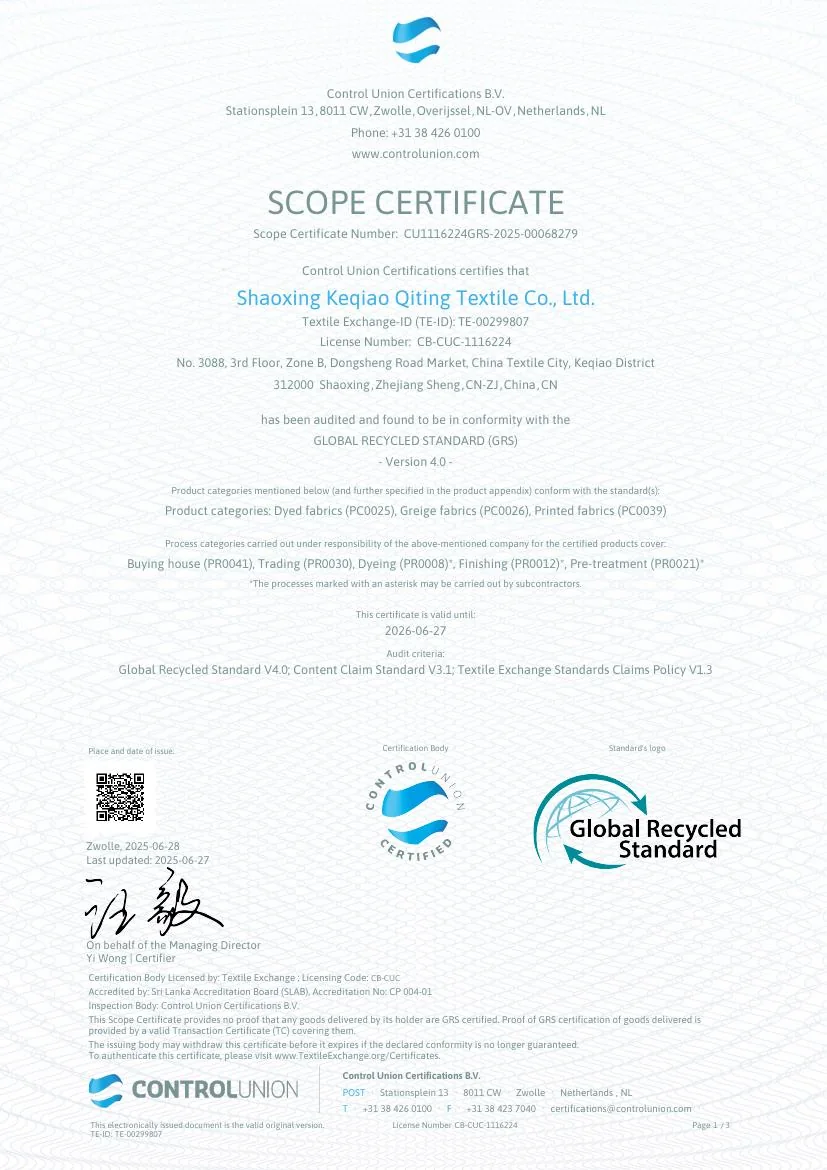 Global Recycled Standard 4.0 supplier certificate
