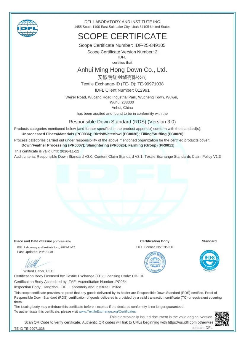 Responsible Down Standard 3.0 supplier certificate