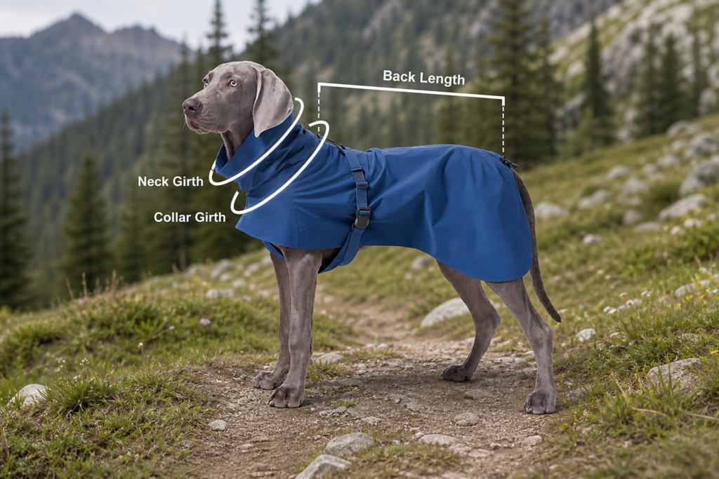 Dog wearing a blue outdoor jacket from the YHO collection