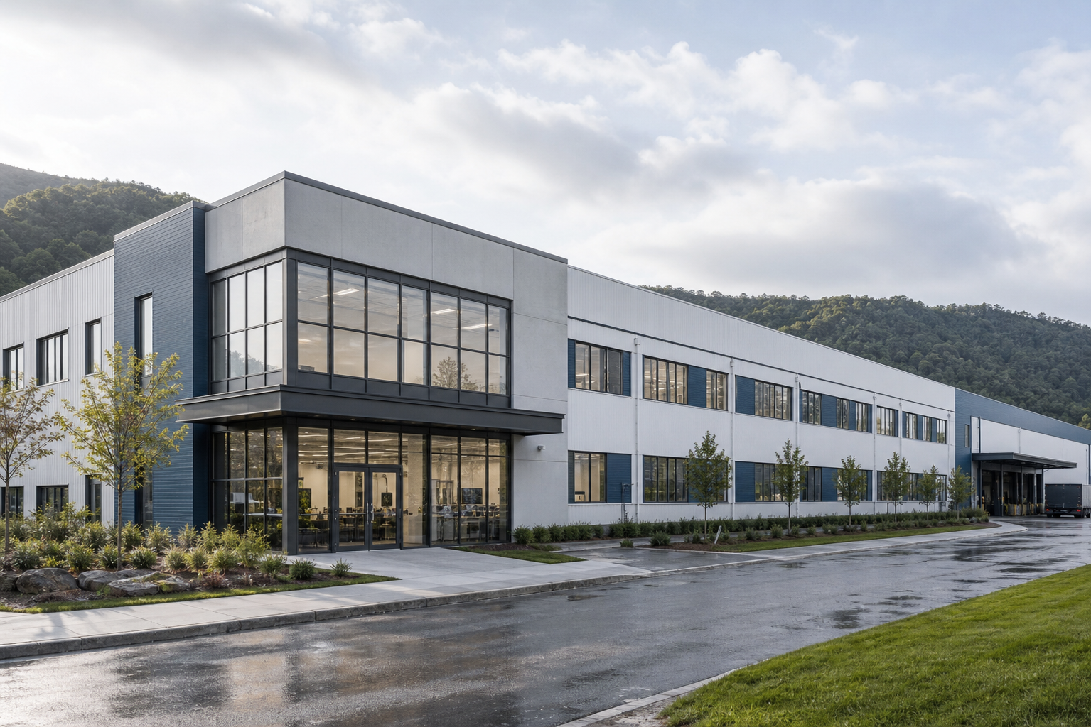 Modern pet apparel manufacturing facility exterior